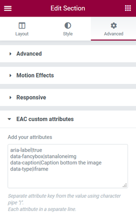 Custom attributes Elementor