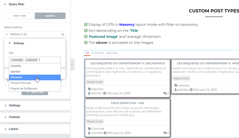 Query filter selected authors