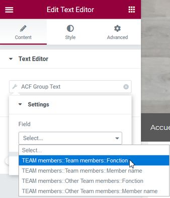 ACF group text select