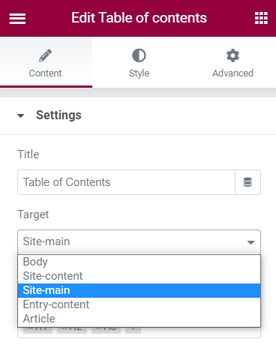 TOC settings target