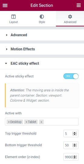 Enable sticky effect