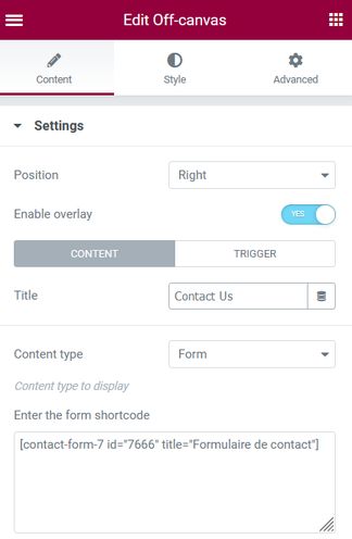 Off-canvas content form
