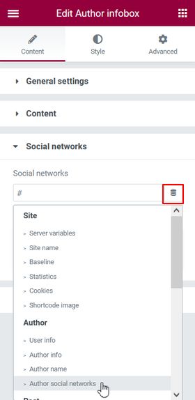 Author Infobox settings social medias