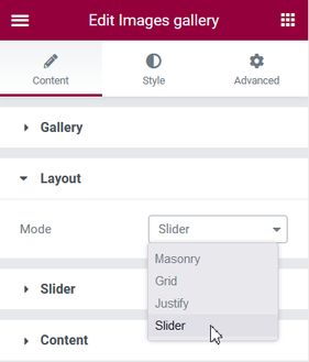 Layout select slider entry